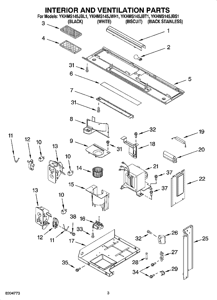 INTERIOR AND VENTILATION PARTS Diagram and Parts List for YKHMS145JBT1  KitchenAid Microwave