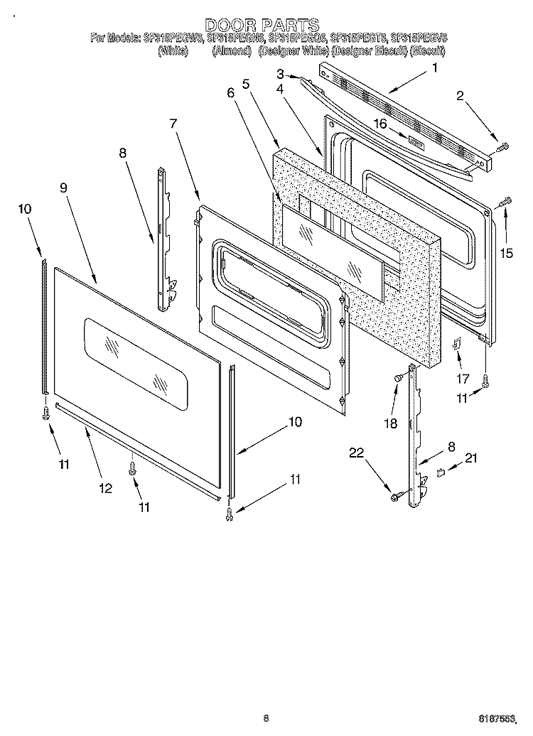 DOOR, OPTIONAL Diagram and Parts List for SF315PEGQ6  Whirlpool Range