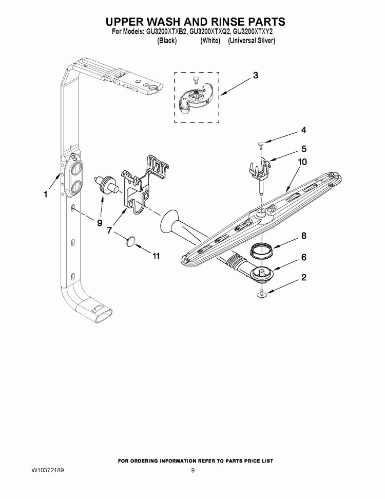 UPPER WASH AND RINSE PARTS Diagram and Parts List for GU3200XTXB2  Whirlpool Dishwasher