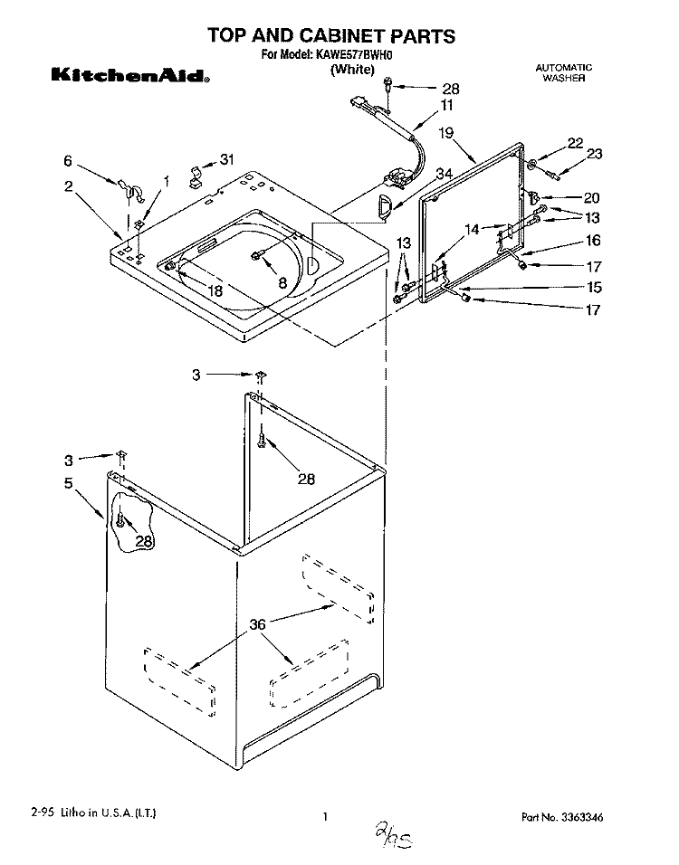 TOP AND CABINET, LIT/OPTIONAL Diagram and Parts List for KAWE577BWH0  KitchenAid Washer