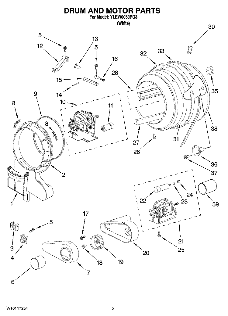 DRUM AND MOTOR PARTS, OPTIONAL PARTS (NOT INCLUDED) Diagram and Parts List for YLEW0050PQ3  Whirlpool Dryer