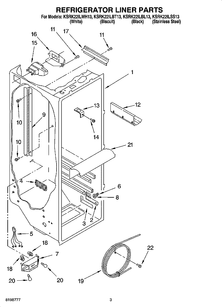 REFRIGERATOR LINER PARTS Diagram and Parts List for KSRK22ILBL13  KitchenAid Refrigerator