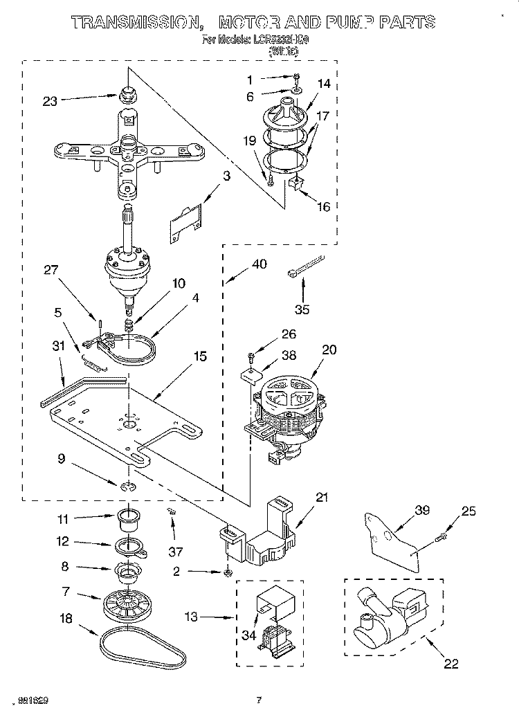 TRANSMISSION, MOTOR AND PUMP Diagram and Parts List for LCR5232HQ0  Whirlpool Washer