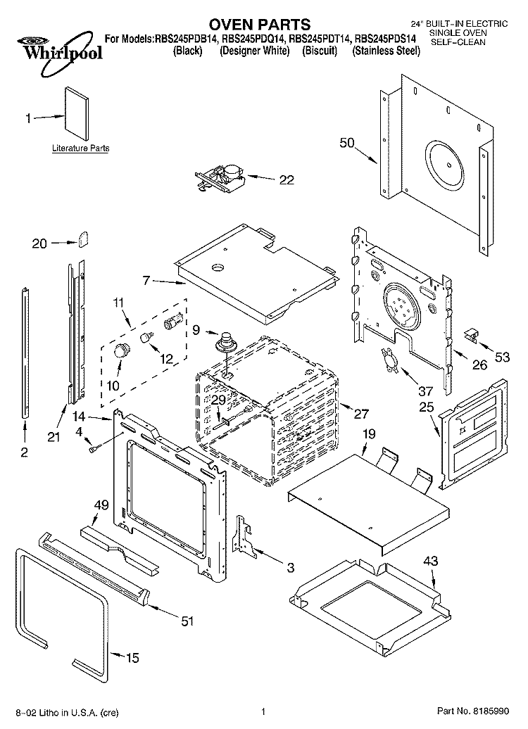 OVEN, LITERATURE Diagram and Parts List for RBS245PDT14  Whirlpool Wall Oven
