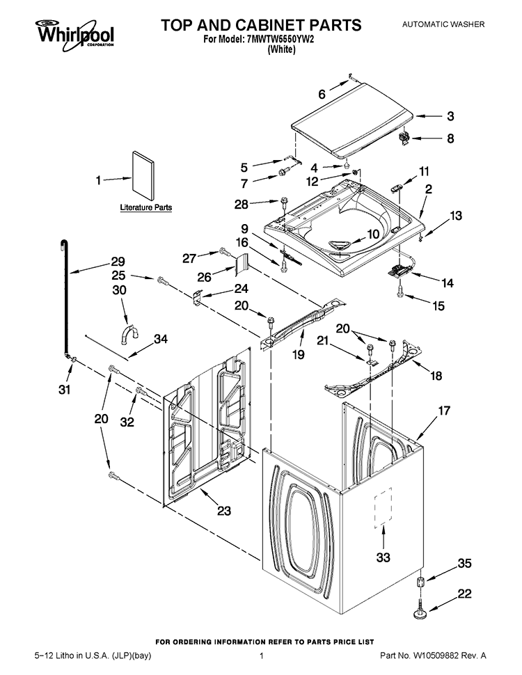 TOP AND CABINET PARTS Diagram and Parts List for 7MWTW5550YW2  Whirlpool Washer