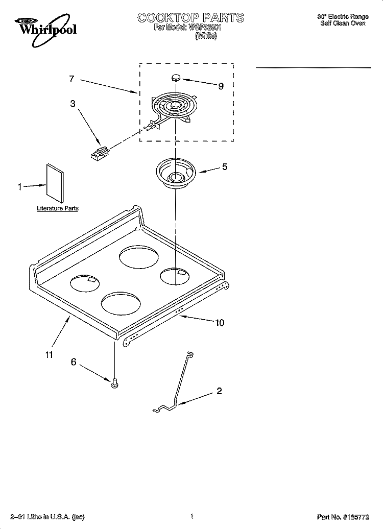 COOKTOP PARTS Diagram and Parts List for WGP32801  Whirlpool Range
