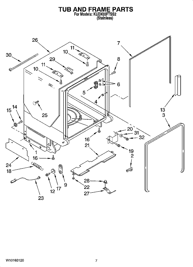 TUB AND FRAME PARTS Diagram and Parts List for KUDX03FTSS2  KitchenAid Dishwasher