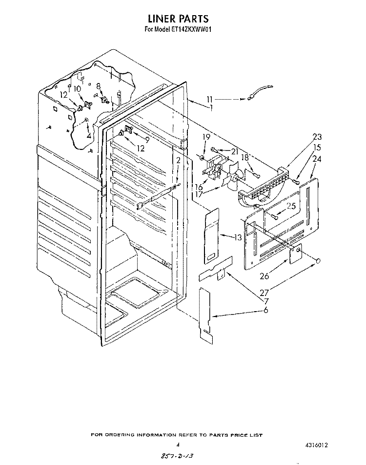 LINER Diagram and Parts List for ET14ZKXWW01  Whirlpool Refrigerator