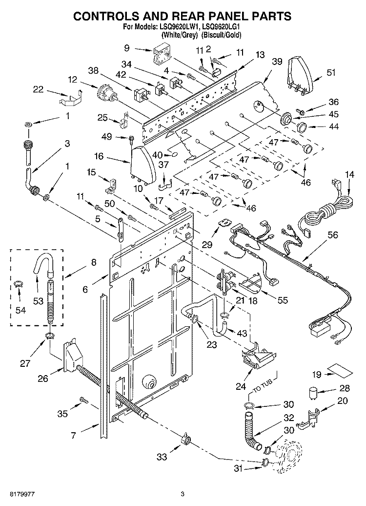 CONTROLS AND REAR PANEL PARTS Diagram and Parts List for LSQ9620LG1  Whirlpool Washer