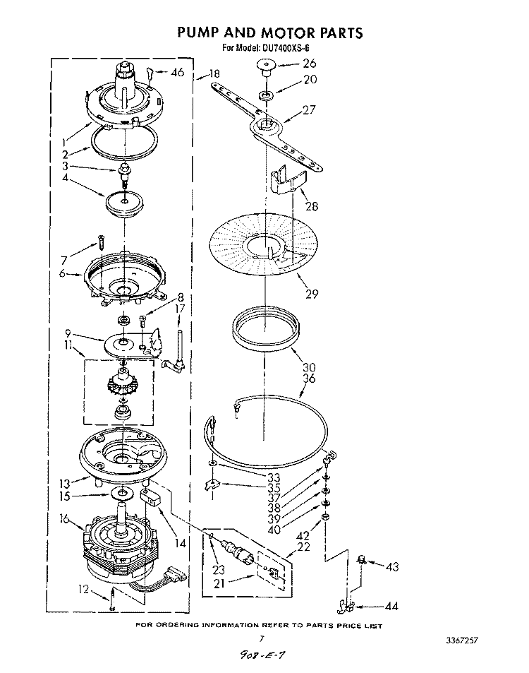 PUMP AND MOTOR Diagram and Parts List for DU7400XS6  Whirlpool Dishwasher