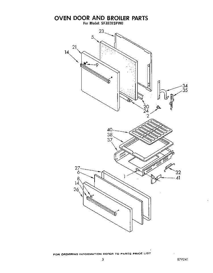 OVEN DOOR AND BROILER Diagram and Parts List for SF302ESPW0  Whirlpool Range