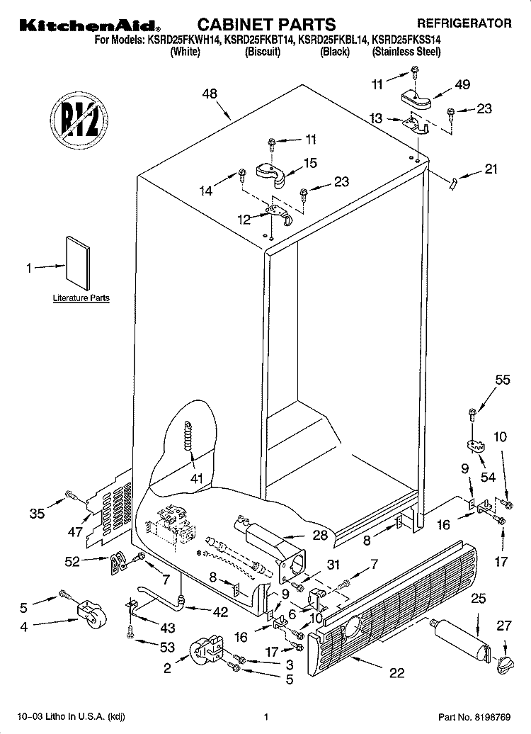 CABINET PARTS Diagram and Parts List for KSRD25FKBL14  KitchenAid Refrigerator
