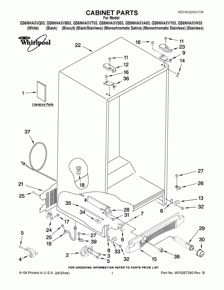 CABINET PARTS Diagram and Parts List for GS6NHAXVB03  Whirlpool Refrigerator