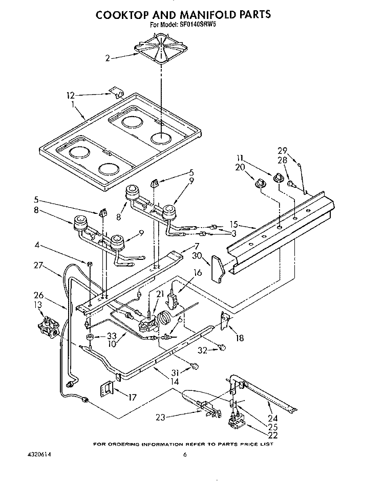 COOKTOP AND MANIFOLD, LIT/OPTIONAL Diagram and Parts List for SF0140SRW5  Whirlpool Range