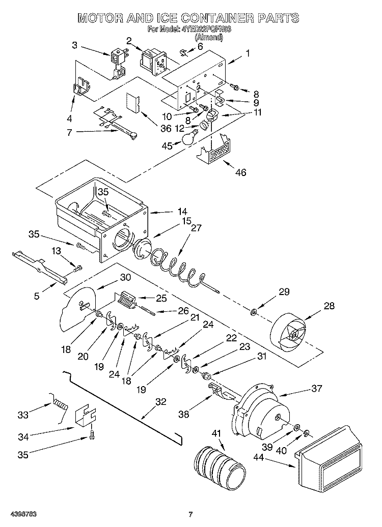 MOTOR AND ICE CONTAINER Diagram and Parts List for 4YED22PQFN03  Whirlpool Refrigerator