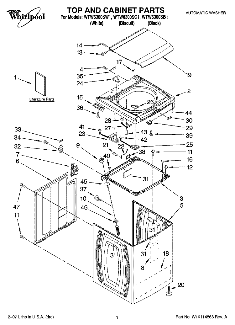 TOP AND CABINET PARTS Diagram and Parts List for WTW6300SB1  Whirlpool Washer
