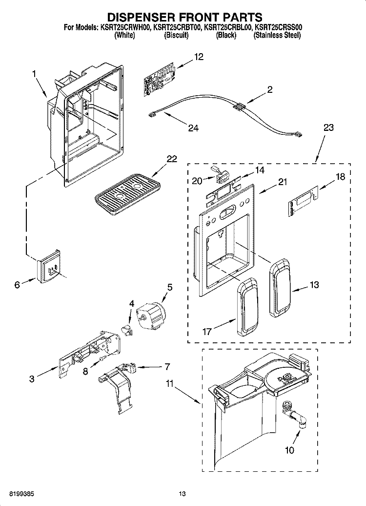 DISPENSER FRONT PARTS Diagram and Parts List for KSRT25CRBL00  KitchenAid Refrigerator