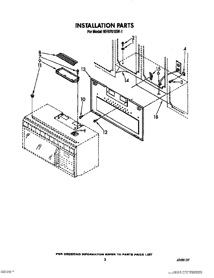 INSTALLATION Diagram and Parts List for MH6701XW1  Whirlpool Microwave