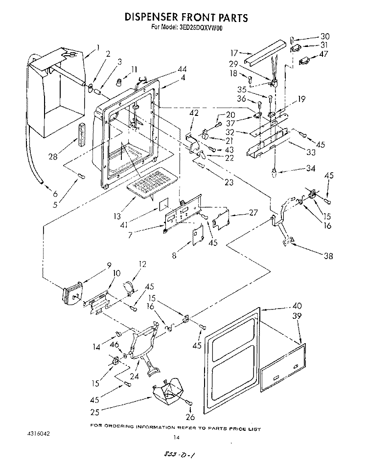 DISPENSER FRONT Diagram and Parts List for 3ED25DQXVN00  Whirlpool Refrigerator