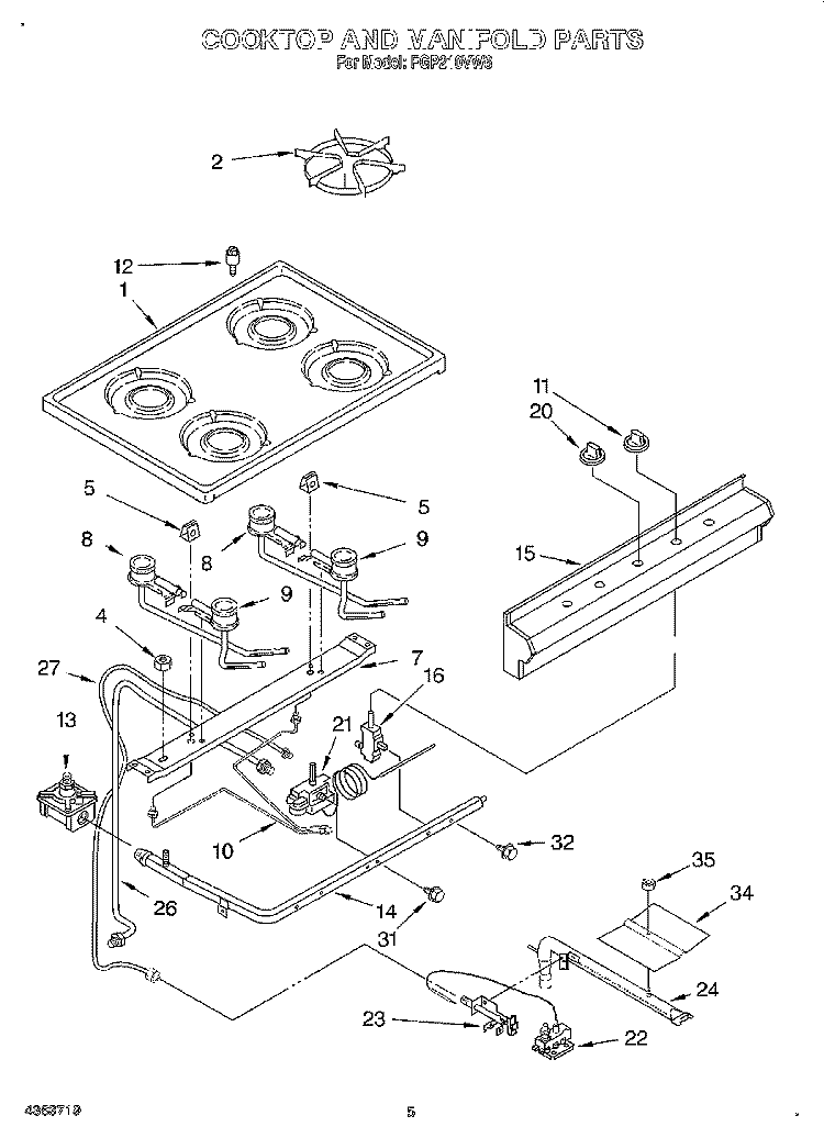 COOKTOP AND MANIFOLD Diagram and Parts List for FGP210VW6  Roper Range
