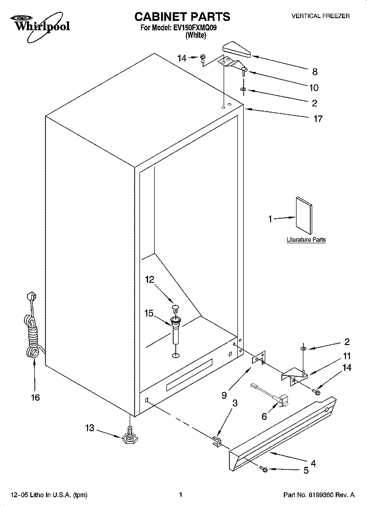 CABINET PARTS Diagram and Parts List for EV150FXMQ09  Whirlpool Freezer