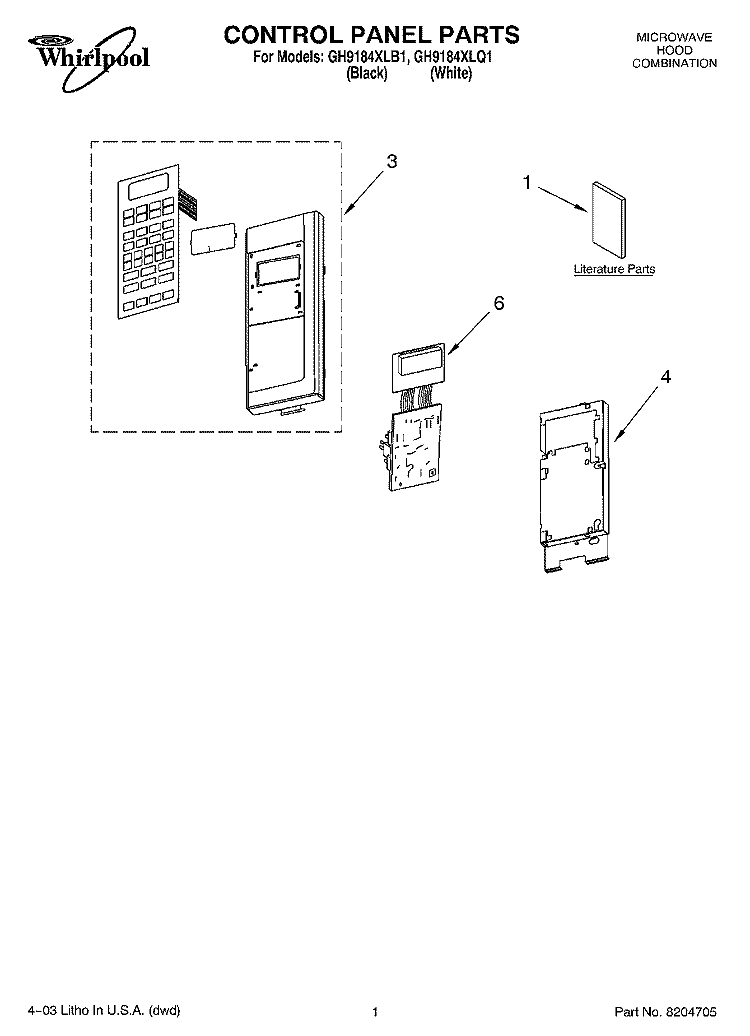 CONTROL PANEL PARTS Diagram and Parts List for GH9184XLB1  Whirlpool Microwave