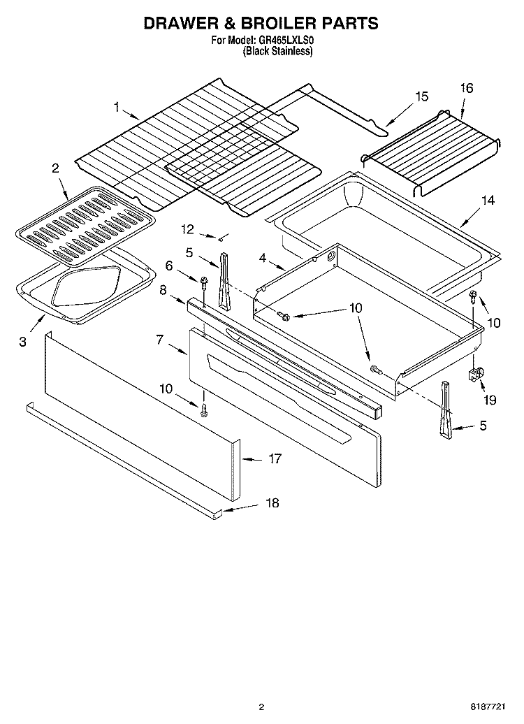 DRAWER & BROILER PARTS Diagram and Parts List for GR465LXLS0  Whirlpool Range