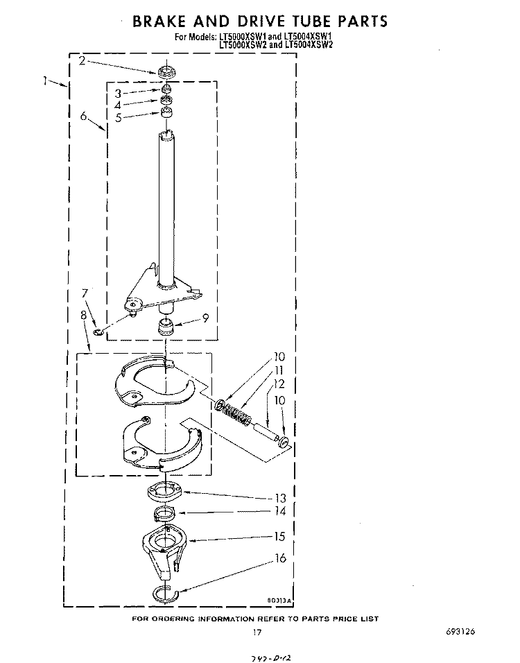 BRAKE AND DRIVE TUBE Diagram and Parts List for LT5000XSW1  Whirlpool Washer Dryer Combo