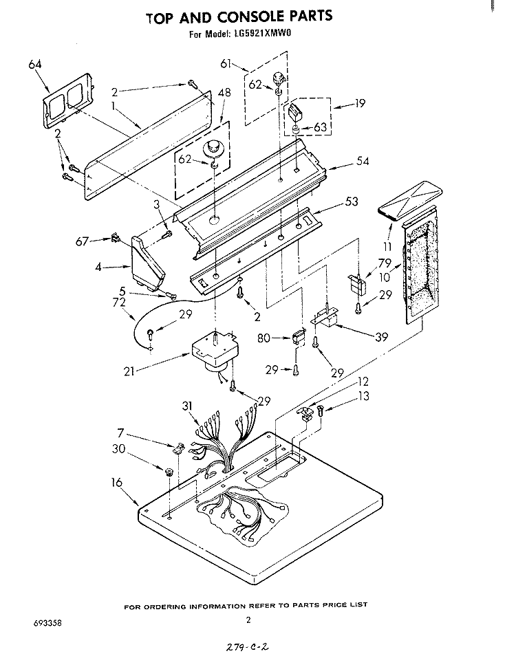 TOP AND CONSOLE , LITERATURE AND OPTIONAL Diagram and Parts List for LG5921XMW0  Whirlpool Dryer