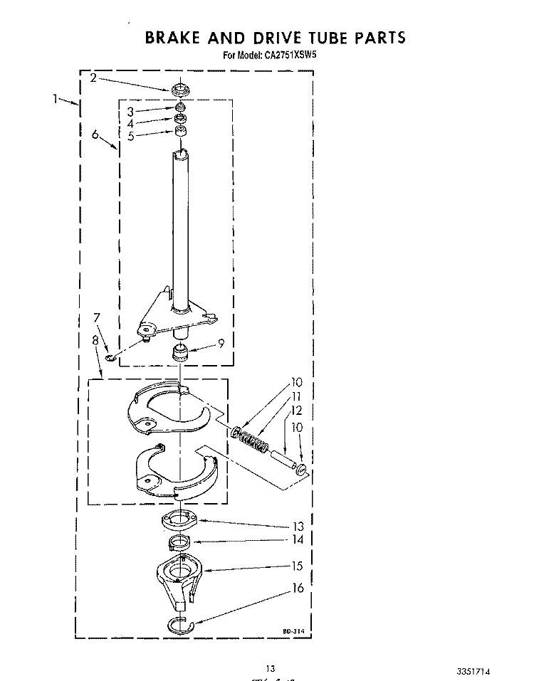 BRAKE AND DRIVE TUBE Diagram and Parts List for CA2751XSW5  Whirlpool Washer