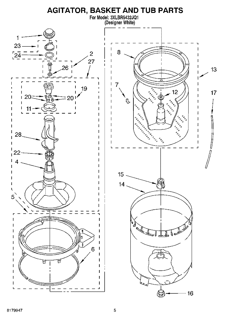 AGITATOR, BASKET AND TUB PARTS Diagram and Parts List for 3XLBR5432JQ1  Whirlpool Washer