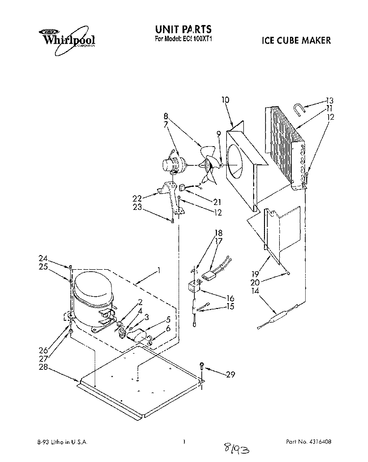 UNIT, LITERATURE Diagram and Parts List for EC5100XT1  Whirlpool Ice Maker