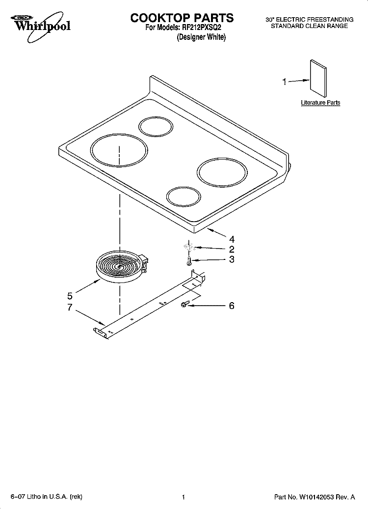 COOKTOP PARTS Diagram and Parts List for RF212PXSQ2  Whirlpool Range