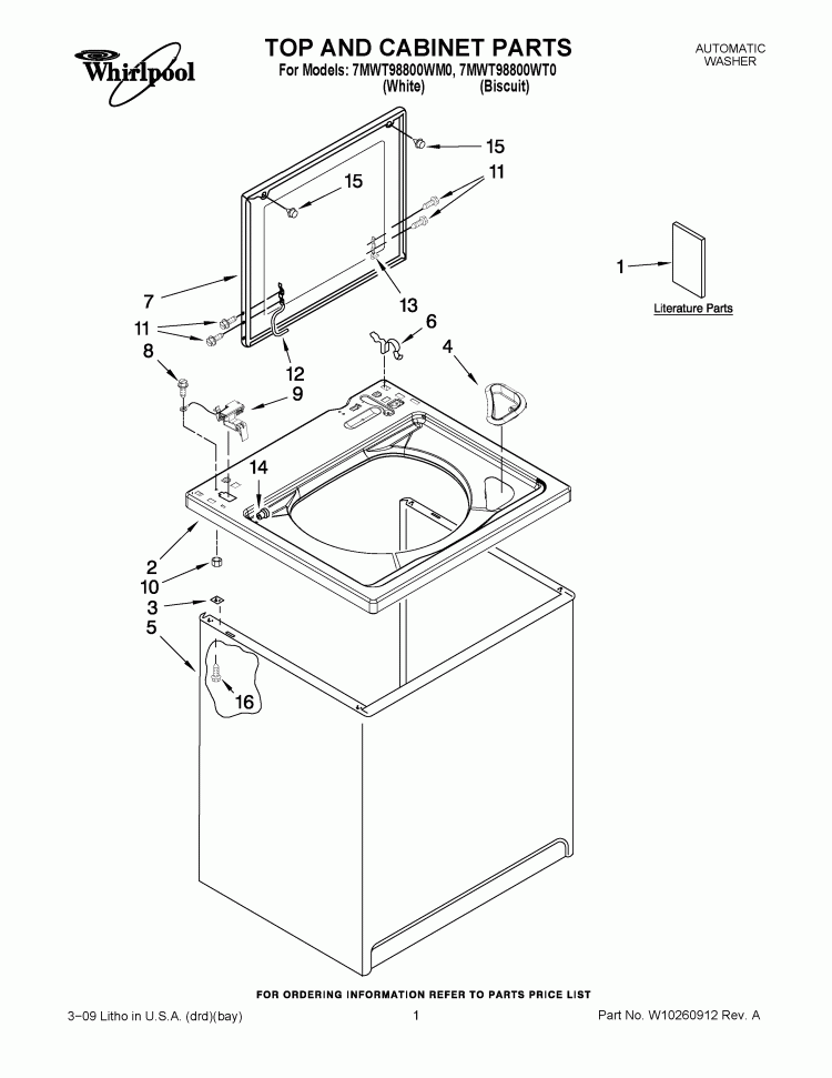 TOP AND CABINET PARTS Diagram and Parts List for 7MWT98800WM0  Whirlpool Washer
