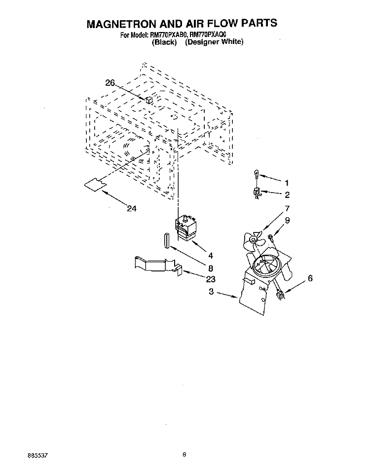 MAGNETRON AND AIR FLOW, OPTIONAL Diagram and Parts List for RM770PXAQ0  Whirlpool Wall Oven