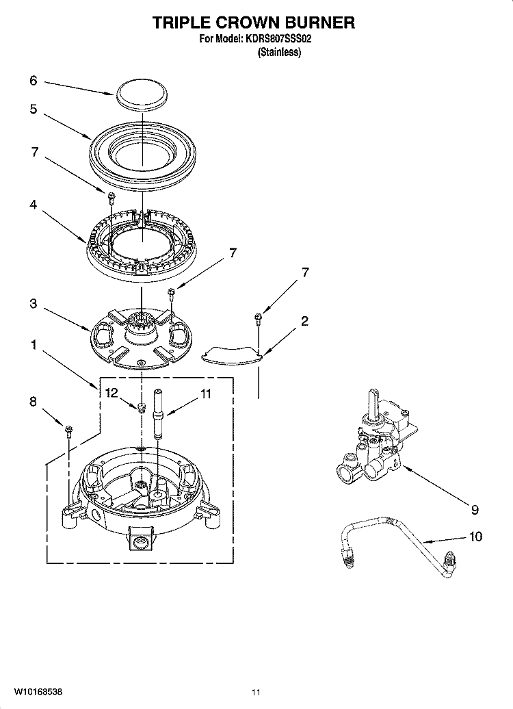 TRIPLE CROWN BURNER Diagram and Parts List for KDRS807SSS02  KitchenAid Range