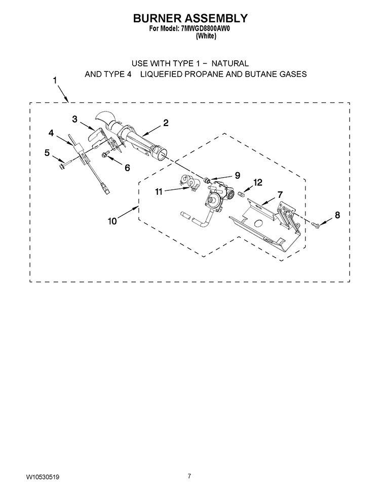 BURNER ASSEMBLY Diagram and Parts List for 7MWGD8800AW0  Whirlpool Dryer