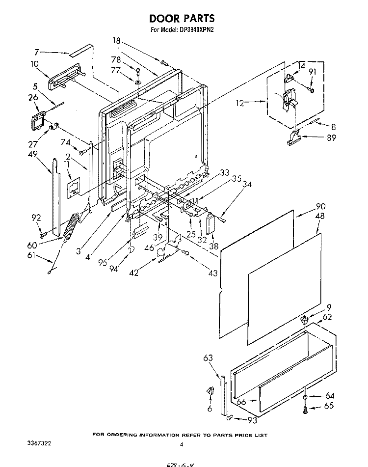 DOOR Diagram and Parts List for DP3840XPN2  Whirlpool Dishwasher