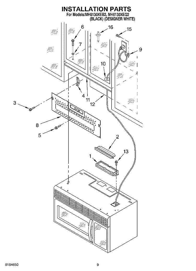INSTALLATION Diagram and Parts List for MH6130XEQ2  Whirlpool Microwave