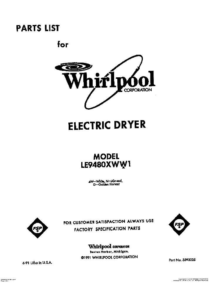 SECTION Diagram and Parts List for LE9480XWW1  Whirlpool Dryer