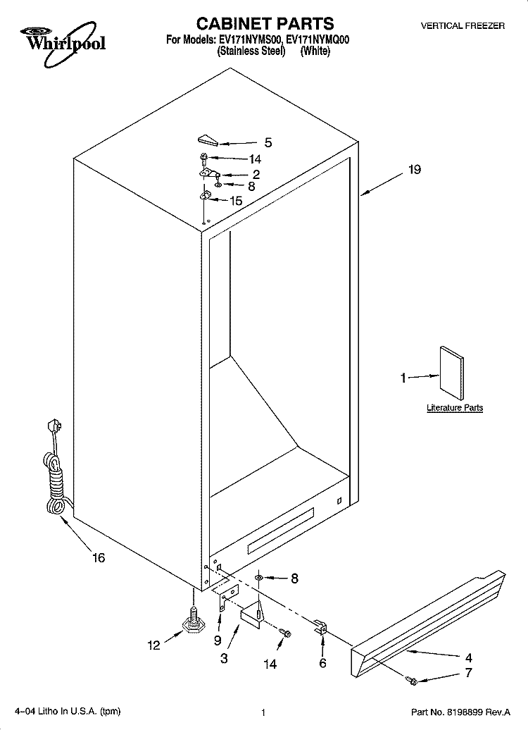 CABINET PARTS Diagram and Parts List for EV171NYMQ00  Whirlpool Freezer