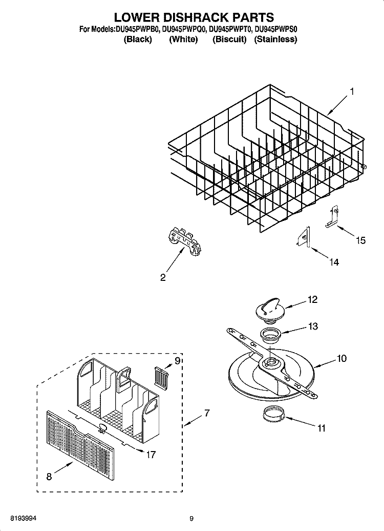 LOWER DISHRACK PARTS, OPTIONAL PARTS (NOT INCLUDED) Diagram and Parts List for DU945PWPQ0  Whirlpool Dishwasher
