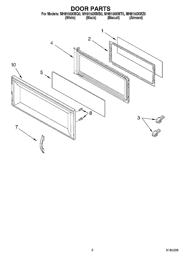 DOOR PARTS Diagram and Parts List for MH8150XMB0  Whirlpool Microwave