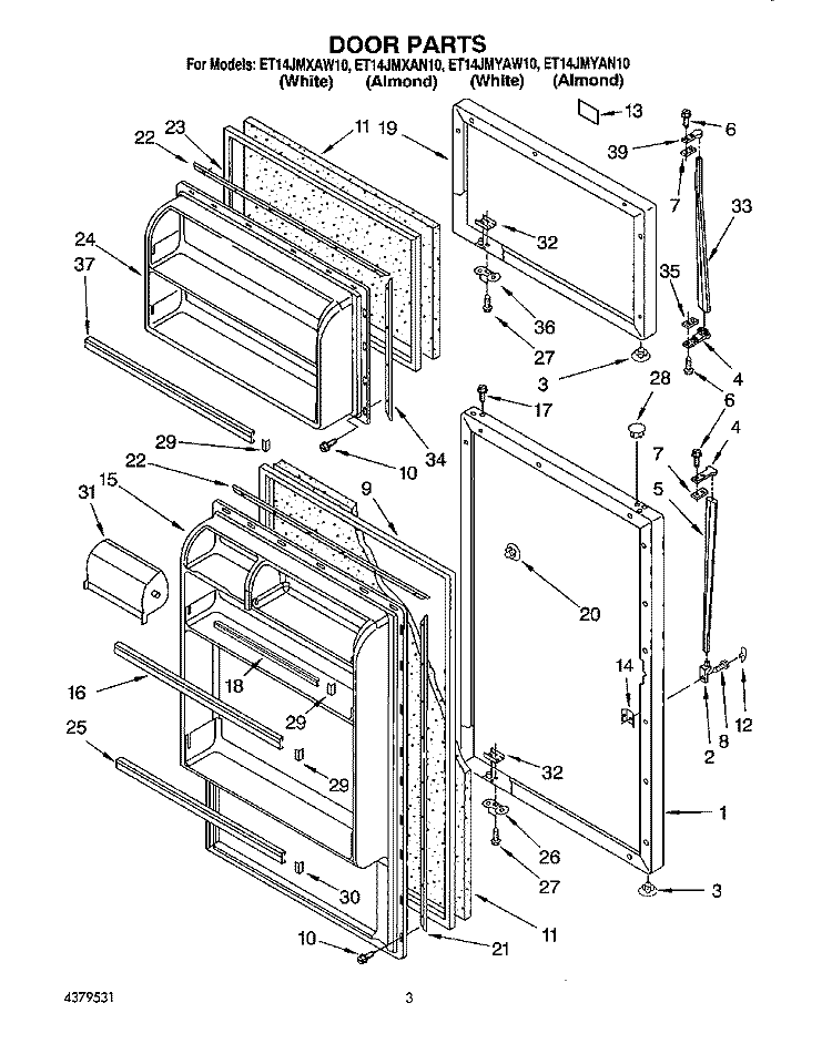 DOOR Diagram and Parts List for ET14JMXAN10  Whirlpool Refrigerator