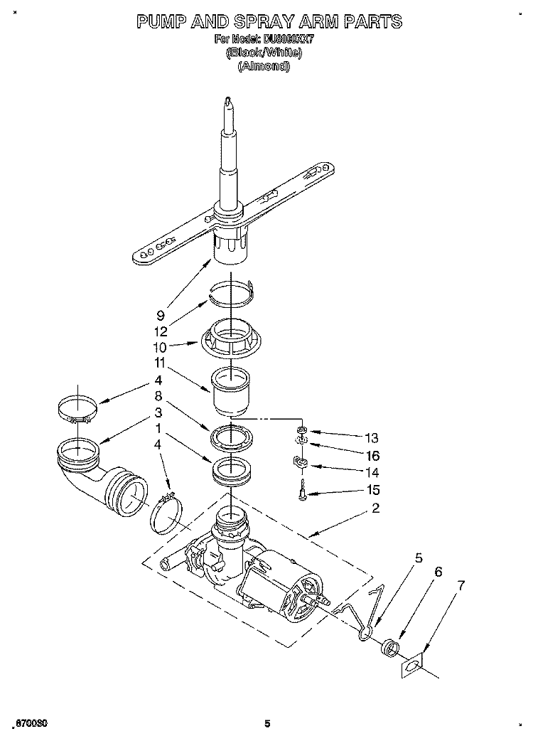 PUMP AND SPRAY ARM Diagram and Parts List for DU8000XX7  Whirlpool Dishwasher