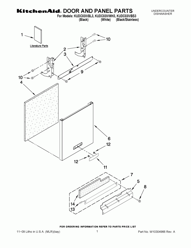 DOOR AND PANEL PARTS Diagram and Parts List for KUDC03IVBL3  KitchenAid Dishwasher