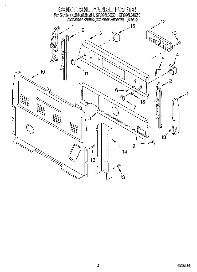 CONTROL PANEL Diagram and Parts List for GR396LXGQ1  Whirlpool Range