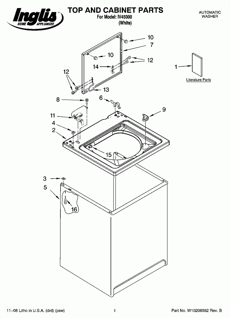 TOP AND CABINET PARTS Diagram and Parts List for IV45000  Inglis Washer