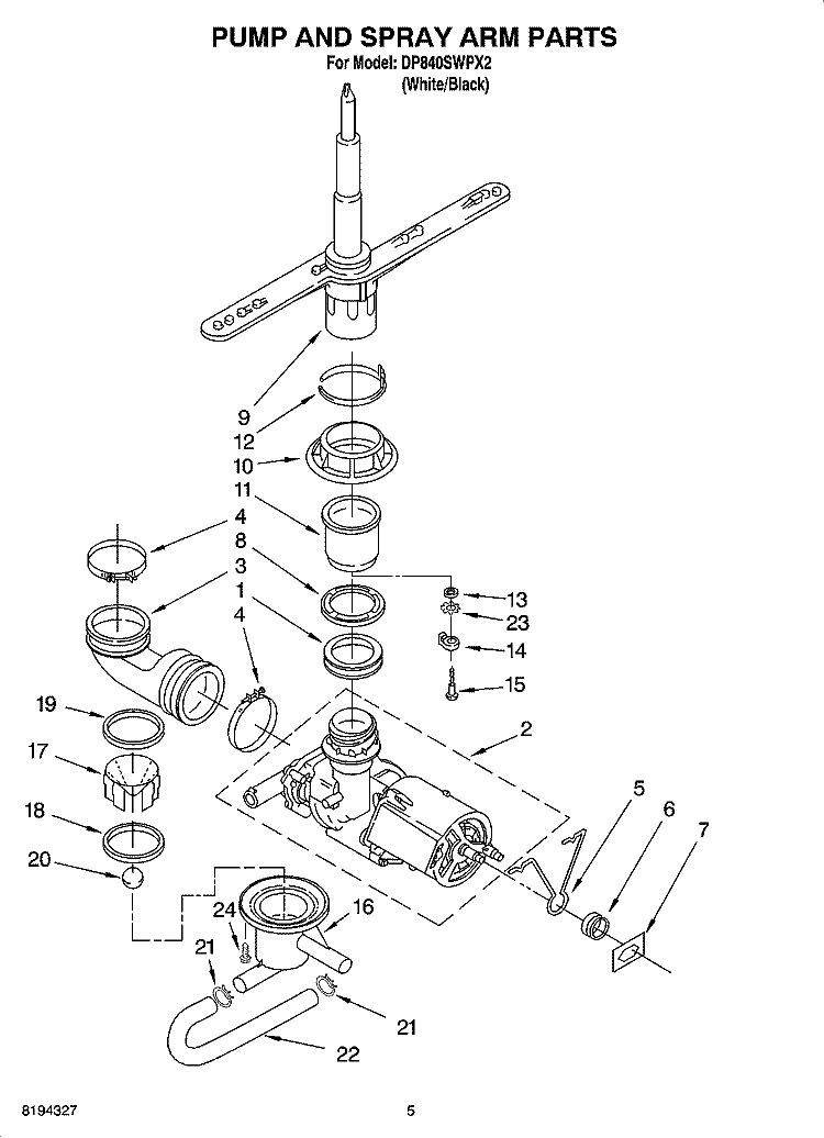 PUMP AND SPRAY ARM PARTS Diagram and Parts List for DP840SWPX2  Whirlpool Dishwasher