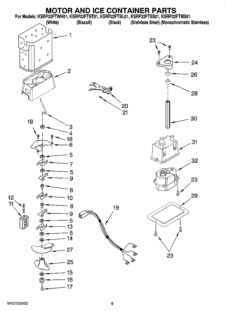 MOTOR AND ICE CONTAINER PARTS Diagram and Parts List for KSRP22FTWH01  KitchenAid Refrigerator
